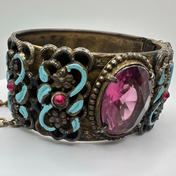 Vintage antique Austro Hungarian Czech glass enamel hinged bangle bracelet - Picture 3 of 10